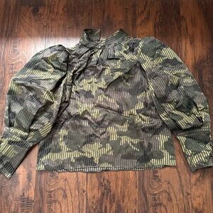 Alice + Olivia Olive and Dark Green Camouflage Pleated Blouse